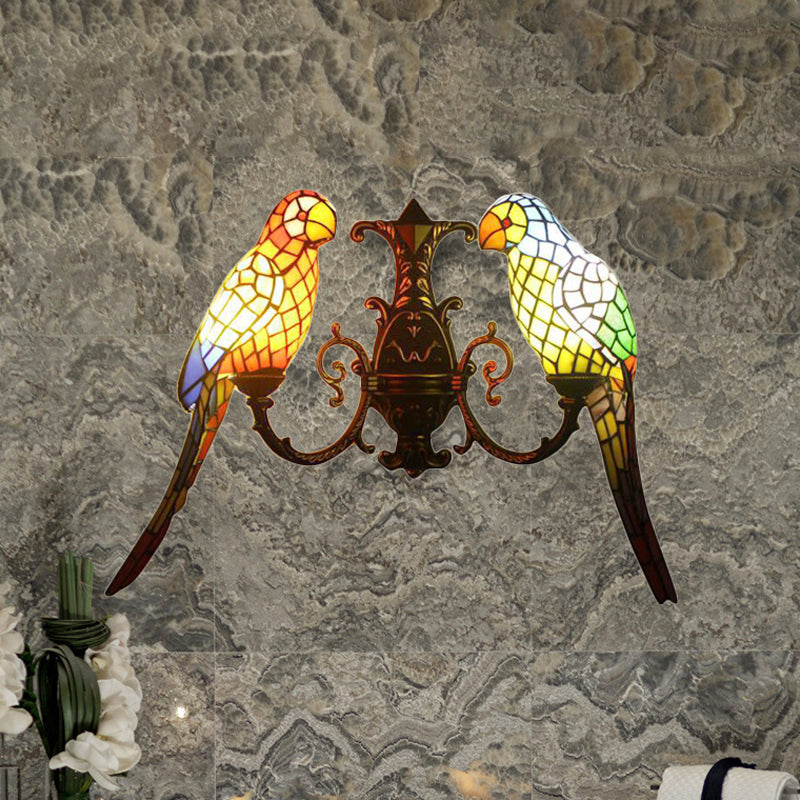 2 Heads Parrots Wall Sconce Light Rustic Lodge Stained Glass Wall Lighting for Living Room Antique Brass Clearhalo 'Industrial' 'Middle century wall lights' 'Tiffany wall lights' 'Tiffany' 'Wall Lamps & Sconces' 'Wall Lights' Lighting' 1903055