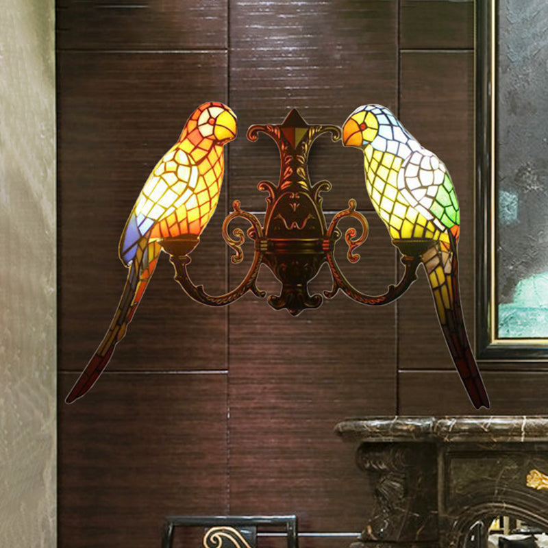 2 Heads Parrots Wall Sconce Light Rustic Lodge Stained Glass Wall Lighting for Living Room Clearhalo 'Industrial' 'Middle century wall lights' 'Tiffany wall lights' 'Tiffany' 'Wall Lamps & Sconces' 'Wall Lights' Lighting' 1903056