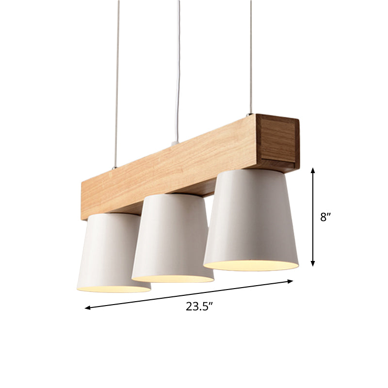 Conical Frustum Island Pendant Light Nordic Metal 3-Head Dining Table Suspension Lamp in White with Wood Beam Clearhalo 'Ceiling Lights' 'Island Lights' Lighting' 1903117