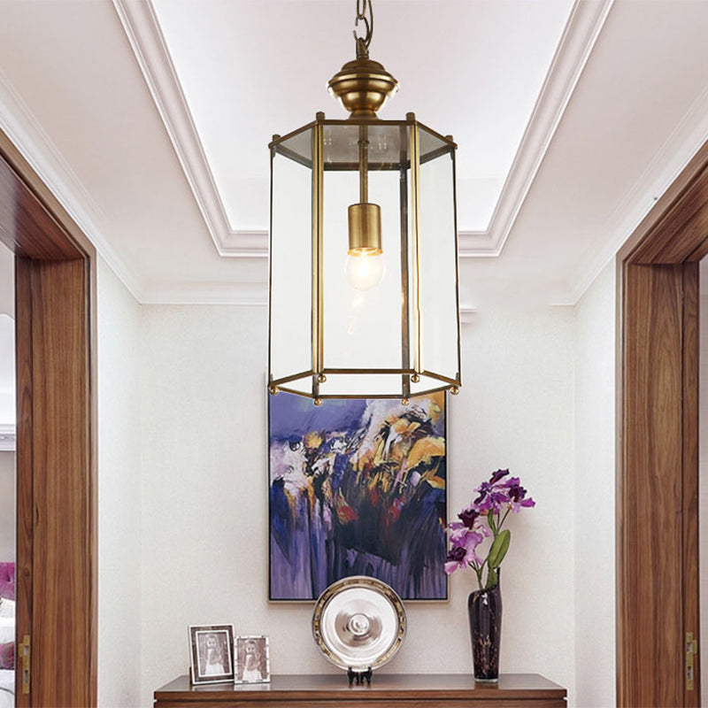 1 Light Lantern Pendant Lighting Fixture Traditional Brass Clear Glass Hanging Ceiling Light Clearhalo 'Ceiling Lights' 'Chandeliers' 'Glass shade' 'Glass' 'Industrial Pendants' 'Industrial' 'Middle Century Pendants' 'Pendant Lights' 'Pendants' 'Tiffany' Lighting' 1903242