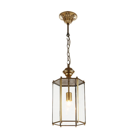 1 Light Lantern Pendant Lighting Fixture Traditional Brass Clear Glass Hanging Ceiling Light Clearhalo 'Ceiling Lights' 'Chandeliers' 'Glass shade' 'Glass' 'Industrial Pendants' 'Industrial' 'Middle Century Pendants' 'Pendant Lights' 'Pendants' 'Tiffany' Lighting' 1903244