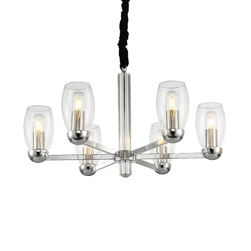 Clear Glass Candle Chandelier Modernism 6 Heads Chrome Ceiling Pendant Fixture with Adjustable Chain Clearhalo 'Ceiling Lights' 'Chandeliers' 'Glass shade' 'Glass' 'Island Lights' 'Modern Chandeliers' 'Modern' Lighting' 1903433