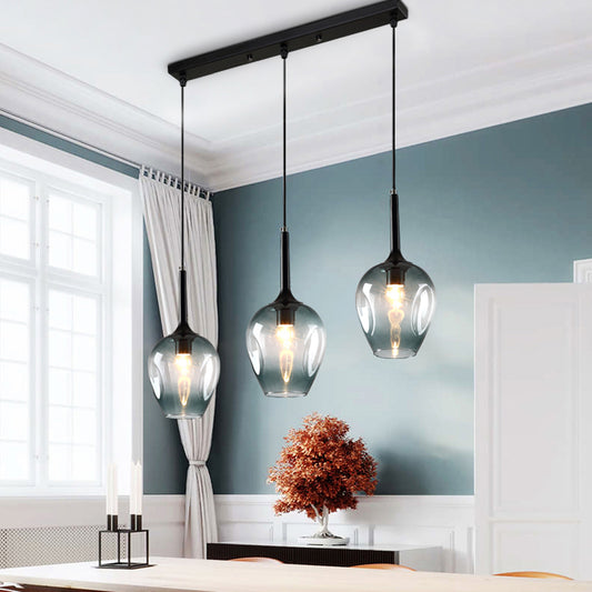 Tulip Cluster Pendant Lamp with Linear Design Modern Amber/Smoke/Blue Glass 3 Lights Black Ceiling Hung Light Blue Clearhalo 'Ceiling Lights' 'Chandeliers' 'Glass shade' 'Glass' 'Modern Pendants' 'Modern' 'Pendant Lights' 'Pendants' Lighting' 1903435