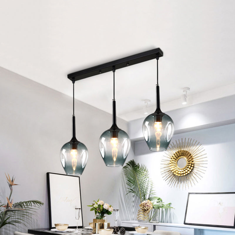 Tulip Cluster Pendant Lamp with Linear Design Modern Amber/Smoke/Blue Glass 3 Lights Black Ceiling Hung Light Clearhalo 'Ceiling Lights' 'Chandeliers' 'Glass shade' 'Glass' 'Modern Pendants' 'Modern' 'Pendant Lights' 'Pendants' Lighting' 1903436