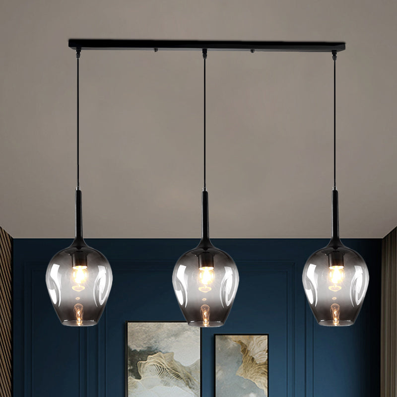 Tulip Cluster Pendant Lamp with Linear Design Modern Amber/Smoke/Blue Glass 3 Lights Black Ceiling Hung Light Clearhalo 'Ceiling Lights' 'Chandeliers' 'Glass shade' 'Glass' 'Modern Pendants' 'Modern' 'Pendant Lights' 'Pendants' Lighting' 1903445