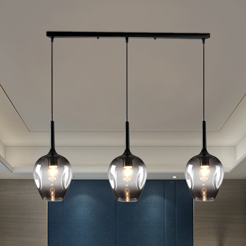 Tulip Cluster Pendant Lamp with Linear Design Modern Amber/Smoke/Blue Glass 3 Lights Black Ceiling Hung Light Clearhalo 'Ceiling Lights' 'Chandeliers' 'Glass shade' 'Glass' 'Modern Pendants' 'Modern' 'Pendant Lights' 'Pendants' Lighting' 1903446