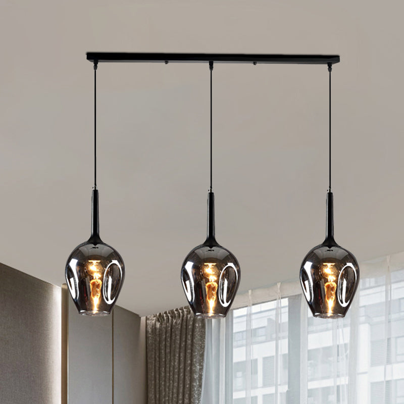 Tulip Cluster Pendant Lamp with Linear Design Modern Amber/Smoke/Blue Glass 3 Lights Black Ceiling Hung Light Clearhalo 'Ceiling Lights' 'Chandeliers' 'Glass shade' 'Glass' 'Modern Pendants' 'Modern' 'Pendant Lights' 'Pendants' Lighting' 1903454