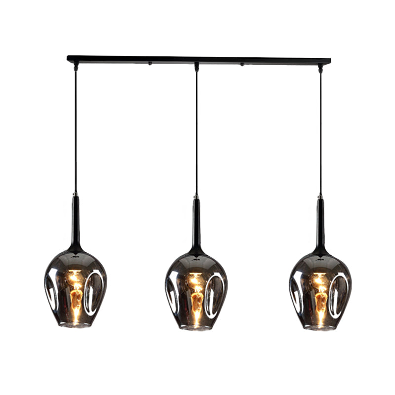 Tulip Cluster Pendant Lamp with Linear Design Modern Amber/Smoke/Blue Glass 3 Lights Black Ceiling Hung Light Clearhalo 'Ceiling Lights' 'Chandeliers' 'Glass shade' 'Glass' 'Modern Pendants' 'Modern' 'Pendant Lights' 'Pendants' Lighting' 1903455