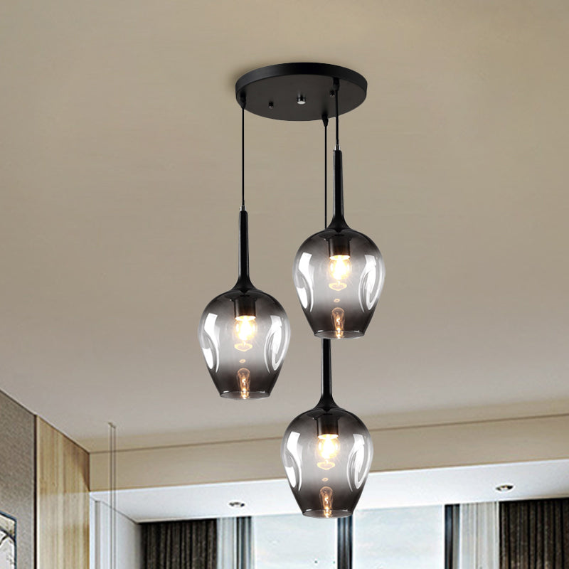 Black Tulip Cluster Lighting Modernist 3 Lights Amber/Smoke/Blue Glass Hanging Ceiling Lamp with Spiral Design Clearhalo 'Ceiling Lights' 'Glass shade' 'Glass' 'Modern Pendants' 'Modern' 'Pendant Lights' 'Pendants' Lighting' 1903466