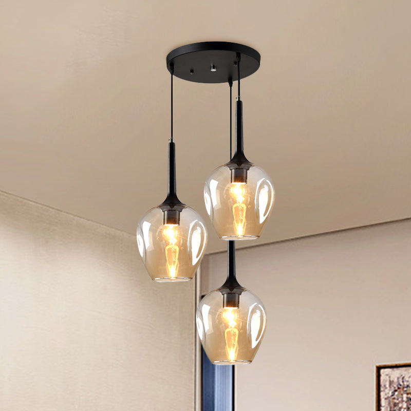 Black Tulip Cluster Lighting Modernist 3 Lights Amber/Smoke/Blue Glass Hanging Ceiling Lamp with Spiral Design Clearhalo 'Ceiling Lights' 'Glass shade' 'Glass' 'Modern Pendants' 'Modern' 'Pendant Lights' 'Pendants' Lighting' 1903470