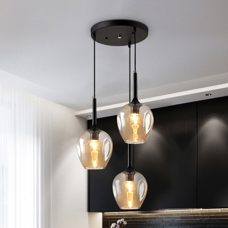 Black Tulip Cluster Lighting Modernist 3 Lights Amber/Smoke/Blue Glass Hanging Ceiling Lamp with Spiral Design Clearhalo 'Ceiling Lights' 'Glass shade' 'Glass' 'Modern Pendants' 'Modern' 'Pendant Lights' 'Pendants' Lighting' 1903471