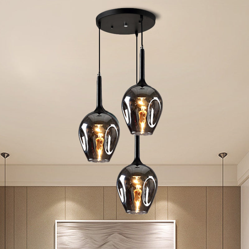 Black Tulip Cluster Lighting Modernist 3 Lights Amber/Smoke/Blue Glass Hanging Ceiling Lamp with Spiral Design Smoke Gray Clearhalo 'Ceiling Lights' 'Glass shade' 'Glass' 'Modern Pendants' 'Modern' 'Pendant Lights' 'Pendants' Lighting' 1903473