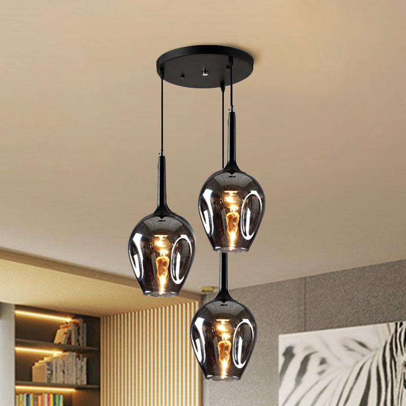 Black Tulip Cluster Lighting Modernist 3 Lights Amber/Smoke/Blue Glass Hanging Ceiling Lamp with Spiral Design Clearhalo 'Ceiling Lights' 'Glass shade' 'Glass' 'Modern Pendants' 'Modern' 'Pendant Lights' 'Pendants' Lighting' 1903474