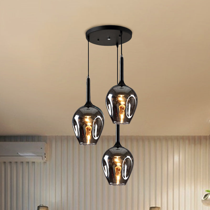 Black Tulip Cluster Lighting Modernist 3 Lights Amber/Smoke/Blue Glass Hanging Ceiling Lamp with Spiral Design Clearhalo 'Ceiling Lights' 'Glass shade' 'Glass' 'Modern Pendants' 'Modern' 'Pendant Lights' 'Pendants' Lighting' 1903475