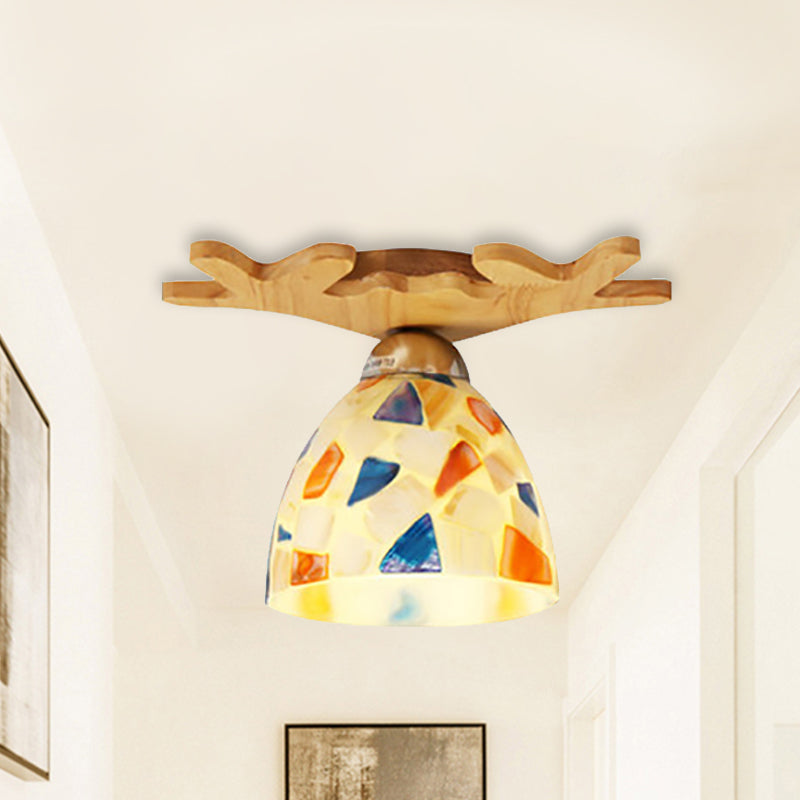 Antique Domed Ceiling Mount Light with Deer Horn 1 Light Glass Ceiling Lamp in Beige for Shop Clearhalo 'Ceiling Lights' 'Chandeliers' 'Close To Ceiling Lights' 'Close to ceiling' 'Glass shade' 'Glass' 'Semi-flushmount' 'Tiffany close to ceiling' 'Tiffany' Lighting' 1903615