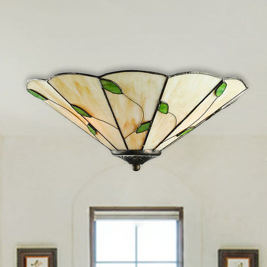 Geometric Ceiling Light Tiffany Stained Glass 3 Lights Flush Mount Ceiling Light with Leaf Theme in White/Beige Beige Clearhalo 'Ceiling Lights' 'Close To Ceiling Lights' 'Close to ceiling' 'Glass shade' 'Glass' 'Semi-flushmount' 'Tiffany close to ceiling' 'Tiffany' Lighting' 1903619