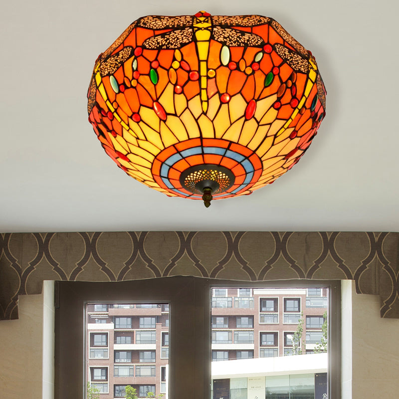 3 Heads Living Room Ceiling Mounted Fixture Tiffany Red/Yellow/Orange Flush Mount Lamp with Dragonfly Stained Glass Shade Clearhalo 'Ceiling Lights' 'Close To Ceiling Lights' 'Close to ceiling' 'Flush mount' Lighting' 1903622