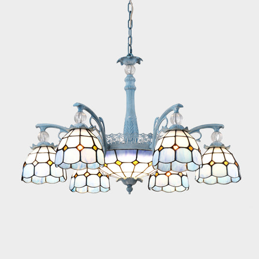 Stained Glass Bell Chandelier Mediterranean 4/6/8 Lights Blue Hanging Lamp for Dining Room Clearhalo 'Ceiling Lights' 'Chandeliers' 'Close To Ceiling Lights' 'Glass shade' 'Glass' Lighting' 1903855
