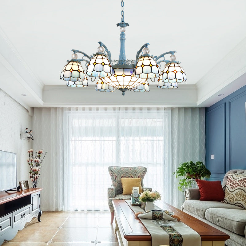 Stained Glass Bell Chandelier Mediterranean 4/6/8 Lights Blue Hanging Lamp for Dining Room 8 Blue Clearhalo 'Ceiling Lights' 'Chandeliers' 'Close To Ceiling Lights' 'Glass shade' 'Glass' Lighting' 1903858