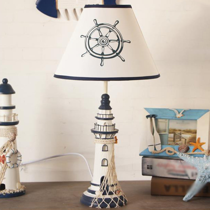 Red/Dark Blue Lighthouse Night Lamp Kids 1 Bulb Resin Table Light with Cone Fabric Shade and Remote Control/Dimmer Switch/Power Switch Dark Blue Clearhalo 'Lamps' 'Table Lamps' Lighting' 1903862