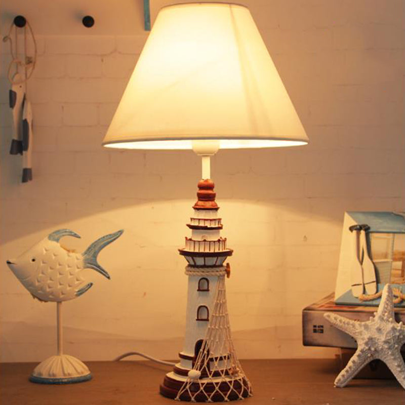Red/Dark Blue Lighthouse Night Lamp Kids 1 Bulb Resin Table Light with Cone Fabric Shade and Remote Control/Dimmer Switch/Power Switch Red Clearhalo 'Lamps' 'Table Lamps' Lighting' 1903866