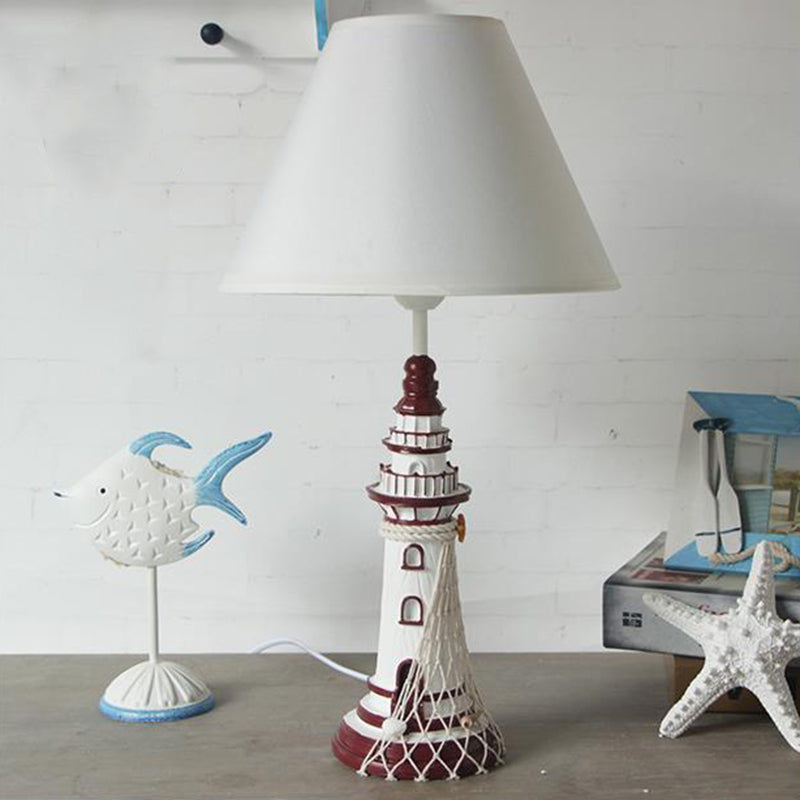 Red/Dark Blue Lighthouse Night Lamp Kids 1 Bulb Resin Table Light with Cone Fabric Shade and Remote Control/Dimmer Switch/Power Switch Clearhalo 'Lamps' 'Table Lamps' Lighting' 1903867