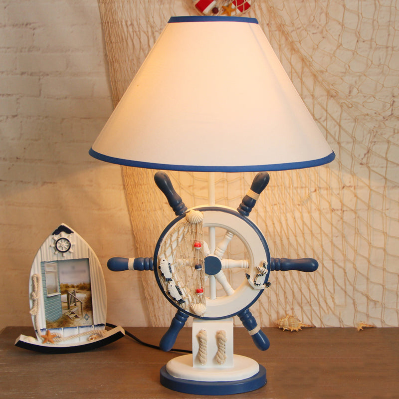 Lifebuoy/Rudder Wooden Table Light Kids 5-Light Blue Nightstand Lamp with Conical Fabric Shade Blue A without Remote Clearhalo 'Lamps' 'Table Lamps' Lighting' 1903882