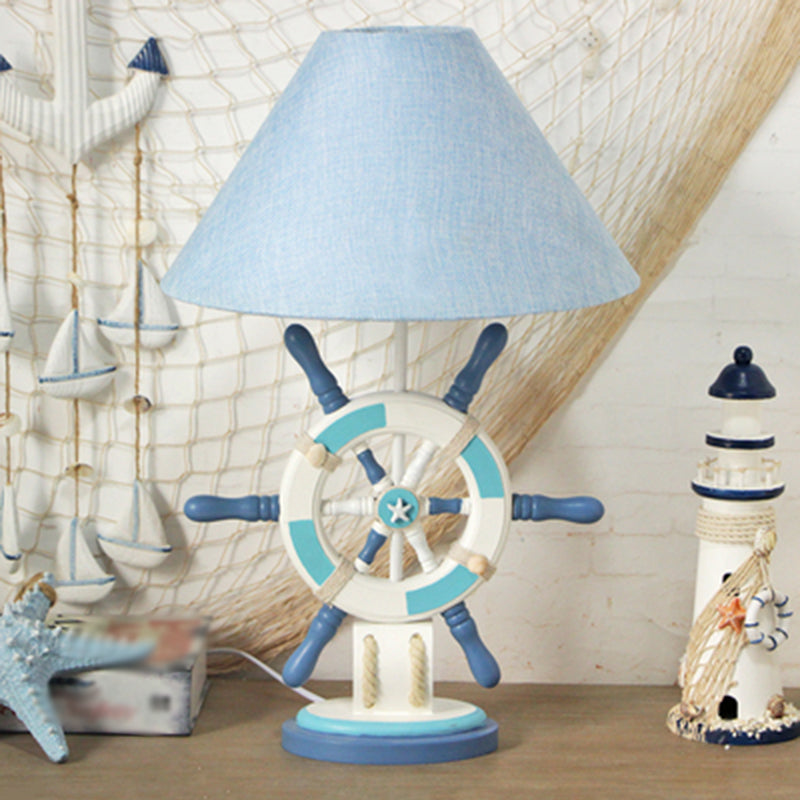 Lifebuoy/Rudder Wooden Table Light Kids 5-Light Blue Nightstand Lamp with Conical Fabric Shade Blue E without Remote Clearhalo 'Lamps' 'Table Lamps' Lighting' 1903894