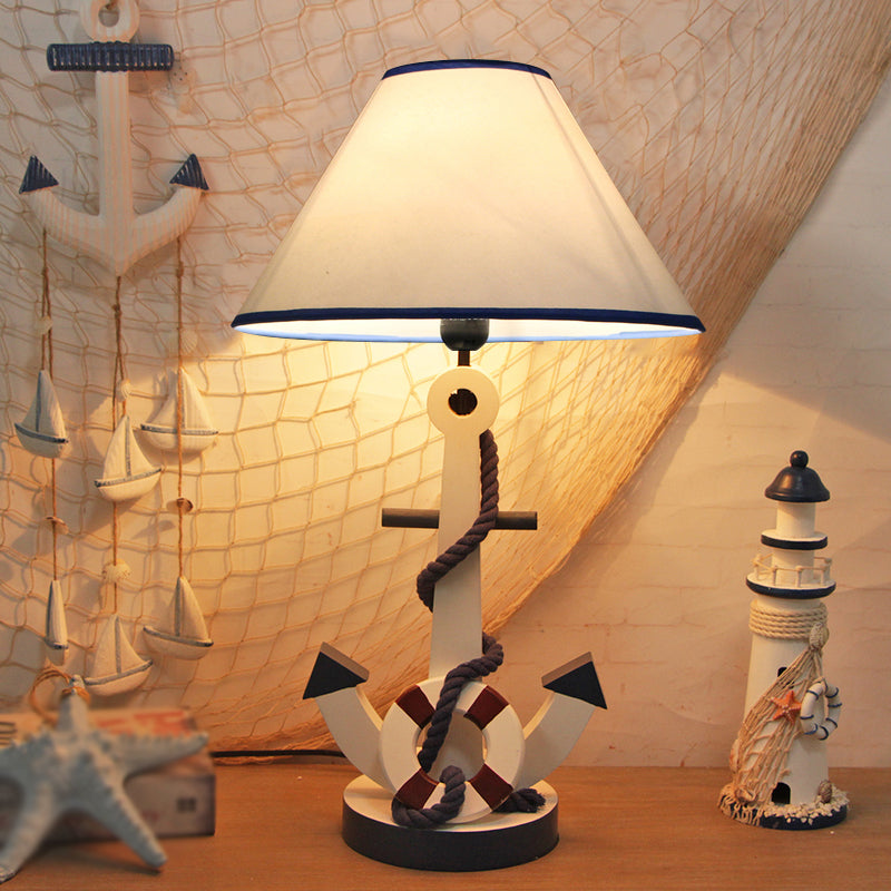 Lifebuoy/Rudder Wooden Table Light Kids 5-Light Blue Nightstand Lamp with Conical Fabric Shade Blue F without Remote Clearhalo 'Lamps' 'Table Lamps' Lighting' 1903900