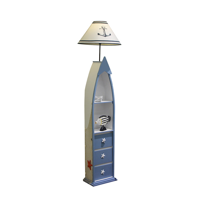 Boat-Shaped Floor Light Kid Wooden Single White Stand Up Lamp with Locker and Cone Shade Clearhalo 'Floor Lamps' 'Lamps' Lighting' 1903904