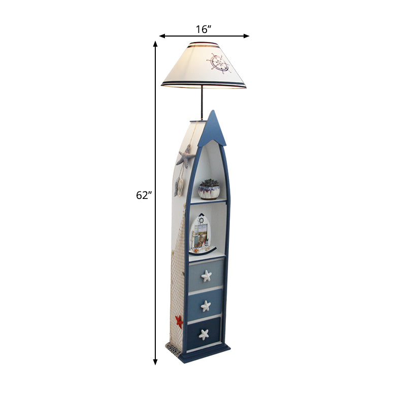 Boat-Shaped Floor Light Kid Wooden Single White Stand Up Lamp with Locker and Cone Shade Clearhalo 'Floor Lamps' 'Lamps' Lighting' 1903908