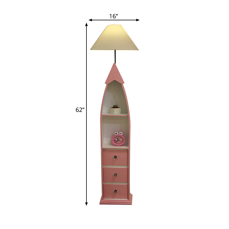 Boat-Shaped Floor Light Kid Wooden Single White Stand Up Lamp with Locker and Cone Shade Clearhalo 'Floor Lamps' 'Lamps' Lighting' 1903911