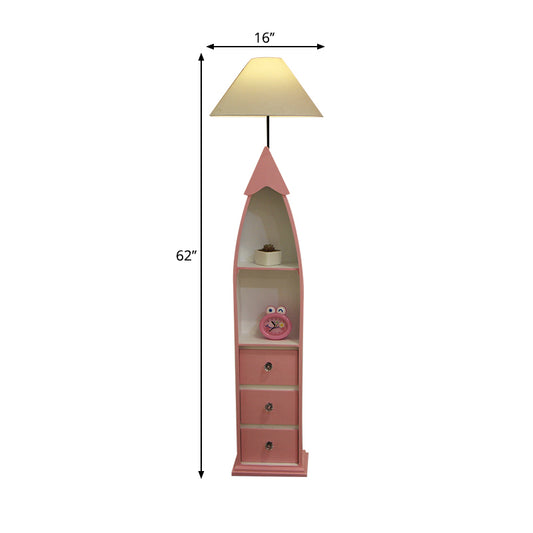 Boat-Shaped Floor Light Kid Wooden Single White Stand Up Lamp with Locker and Cone Shade Clearhalo 'Floor Lamps' 'Lamps' Lighting' 1903911