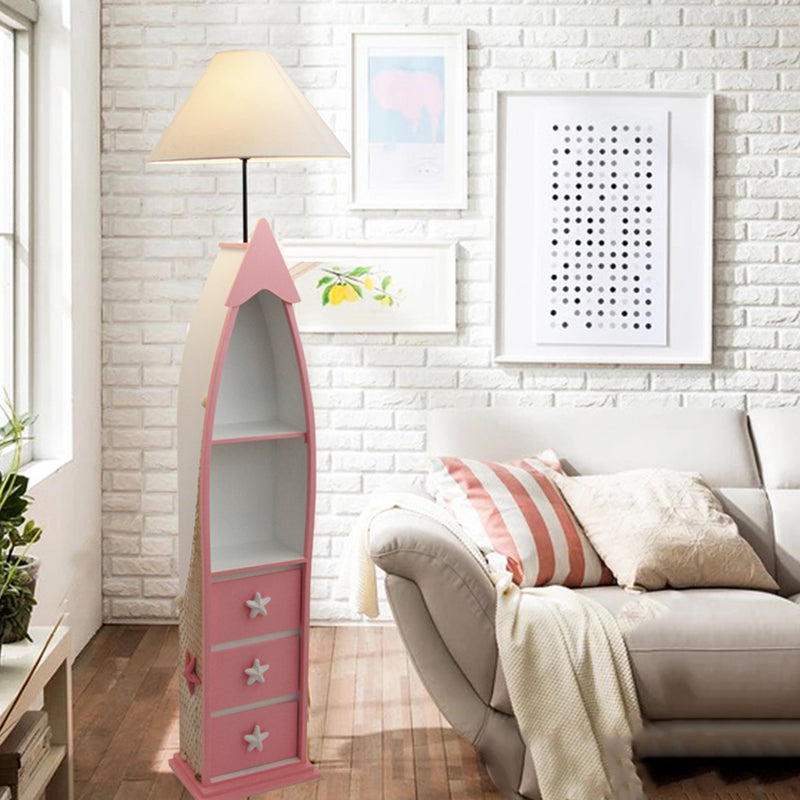 Boat-Shaped Floor Light Kid Wooden Single White Stand Up Lamp with Locker and Cone Shade White D without Remote Clearhalo 'Floor Lamps' 'Lamps' Lighting' 1903912