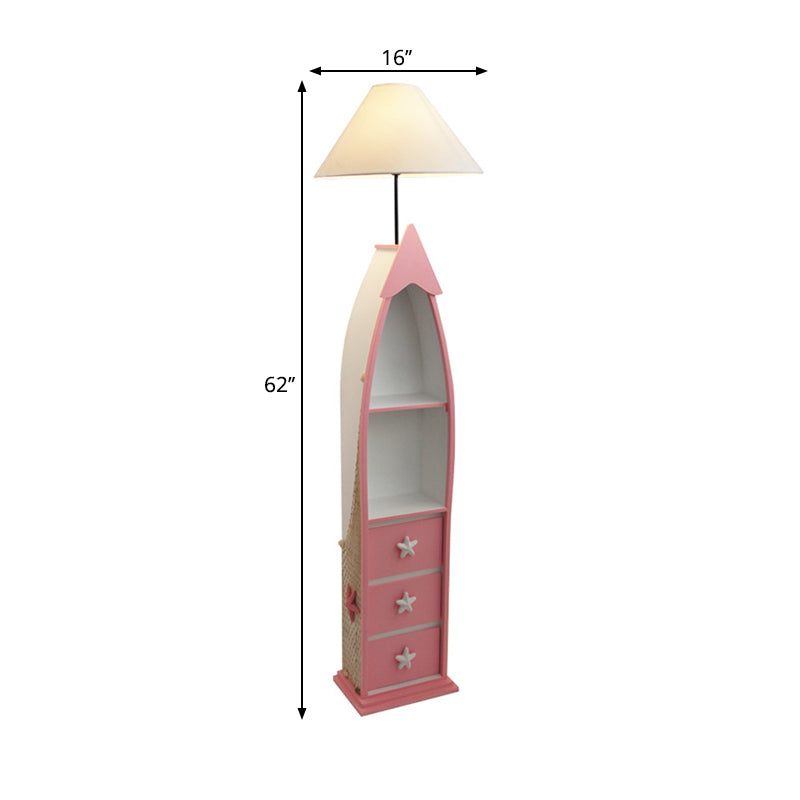 Boat-Shaped Floor Light Kid Wooden Single White Stand Up Lamp with Locker and Cone Shade Clearhalo 'Floor Lamps' 'Lamps' Lighting' 1903914