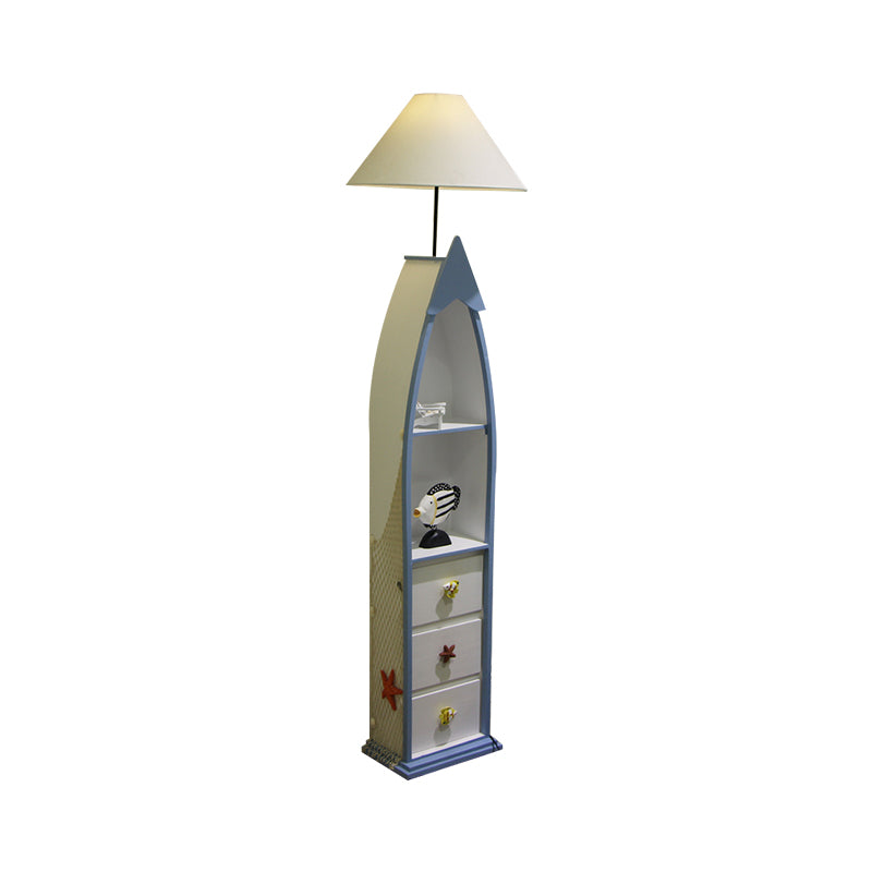 Boat-Shaped Floor Light Kid Wooden Single White Stand Up Lamp with Locker and Cone Shade Clearhalo 'Floor Lamps' 'Lamps' Lighting' 1903916