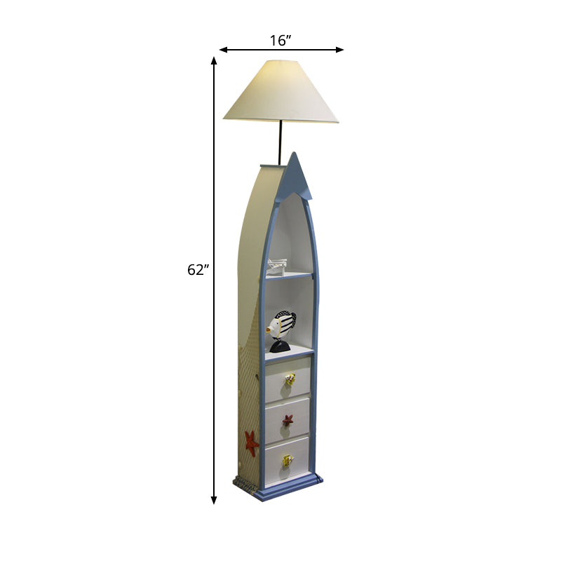 Boat-Shaped Floor Light Kid Wooden Single White Stand Up Lamp with Locker and Cone Shade Clearhalo 'Floor Lamps' 'Lamps' Lighting' 1903917