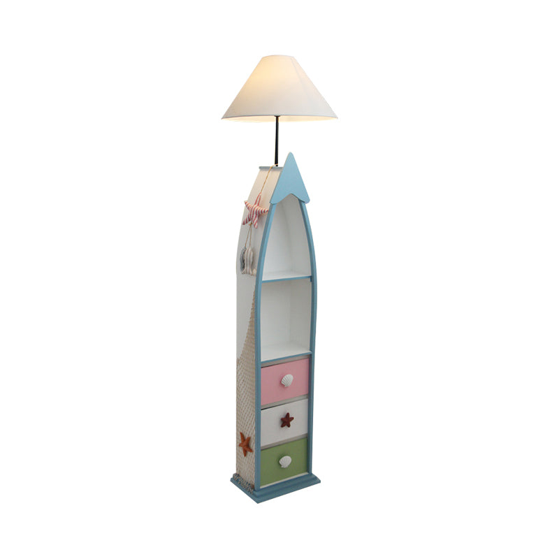 Boat-Shaped Floor Light Kid Wooden Single White Stand Up Lamp with Locker and Cone Shade Clearhalo 'Floor Lamps' 'Lamps' Lighting' 1903919