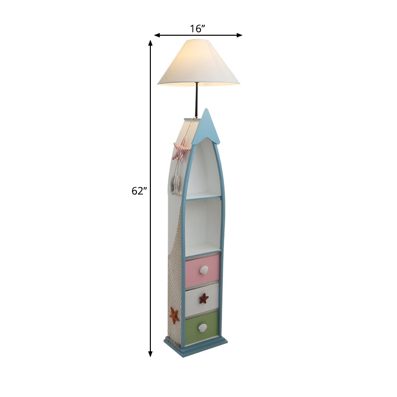 Boat-Shaped Floor Light Kid Wooden Single White Stand Up Lamp with Locker and Cone Shade Clearhalo 'Floor Lamps' 'Lamps' Lighting' 1903920