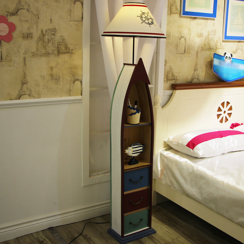 Conical Fabric Floor Lighting Kid 1-Bulb White/Yellow/Wood Ship Standing Lamp with Shelf and Drawer Green without Remote Clearhalo 'Floor Lamps' 'Lamps' Lighting' 1903927