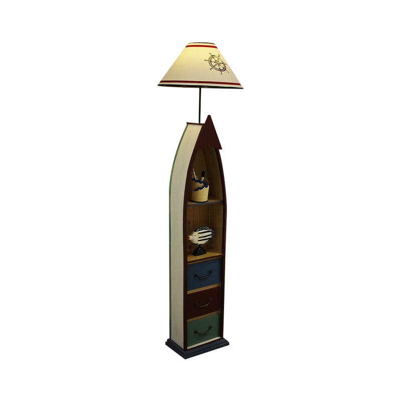 Conical Fabric Floor Lighting Kid 1-Bulb White/Yellow/Wood Ship Standing Lamp with Shelf and Drawer Clearhalo 'Floor Lamps' 'Lamps' Lighting' 1903928
