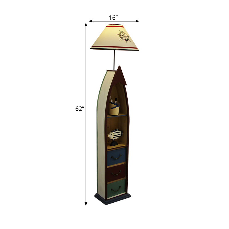 Conical Fabric Floor Lighting Kid 1-Bulb White/Yellow/Wood Ship Standing Lamp with Shelf and Drawer Clearhalo 'Floor Lamps' 'Lamps' Lighting' 1903929