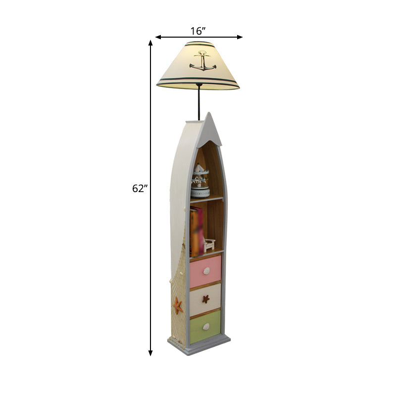 Conical Fabric Floor Lighting Kid 1-Bulb White/Yellow/Wood Ship Standing Lamp with Shelf and Drawer Clearhalo 'Floor Lamps' 'Lamps' Lighting' 1903932