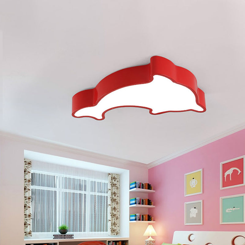 Dolphin Nursery LED Ceiling Lamp Acrylic Cartoon Flush Mount Light Fixture in Red/Yellow/Blue, 19.5"/23.5" Width Red Clearhalo 'Ceiling Lights' 'Close To Ceiling Lights' 'Close to ceiling' 'Flush mount' Lighting' 1903998