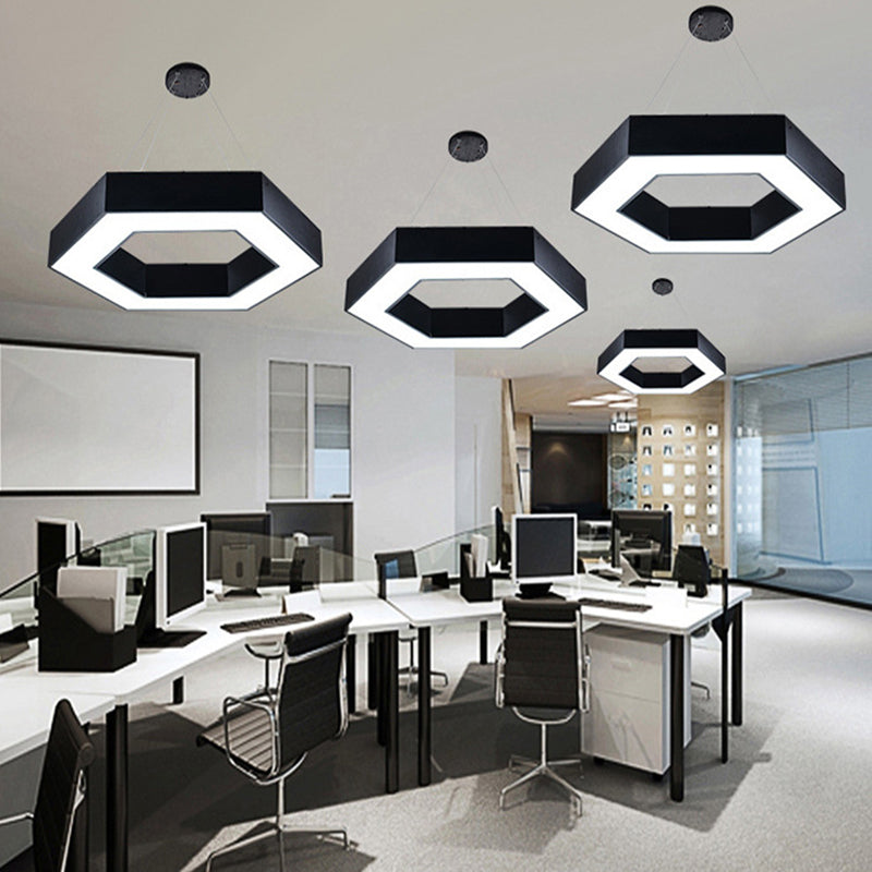 Acrylic Hexagonal Hanging Pendant Modern 16"/23.5"/39" W LED Ceiling Light in Black/White for Office Clearhalo 'Ceiling Lights' 'Modern Pendants' 'Modern' 'Pendant Lights' 'Pendants' Lighting' 1904233