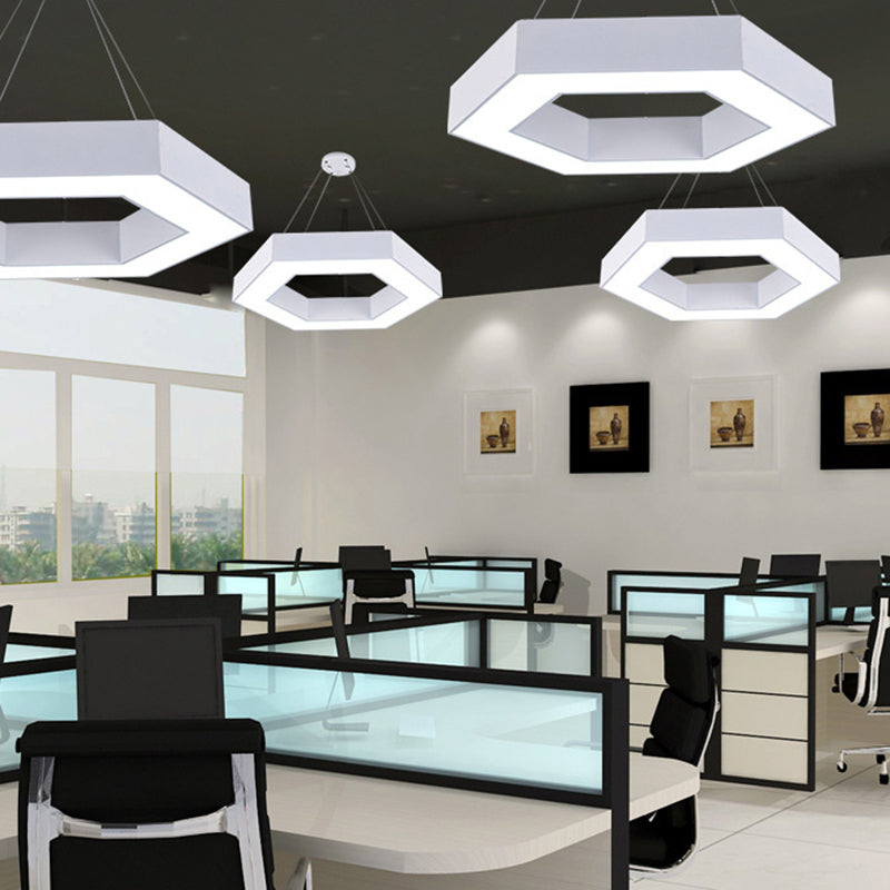 Acrylic Hexagonal Hanging Pendant Modern 16"/23.5"/39" W LED Ceiling Light in Black/White for Office White Clearhalo 'Ceiling Lights' 'Modern Pendants' 'Modern' 'Pendant Lights' 'Pendants' Lighting' 1904240