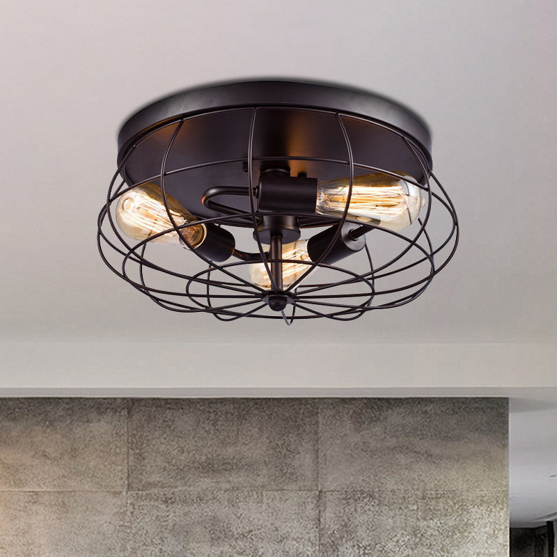 3-Light Caged Flush Mount Ceiling Light Industrial Black Metal Lighting Fixture for Corridor Clearhalo 'Ceiling Lights' 'Close To Ceiling Lights' 'Close to ceiling' 'Flush mount' 'Industrial Flush Mount' Lighting' 190491