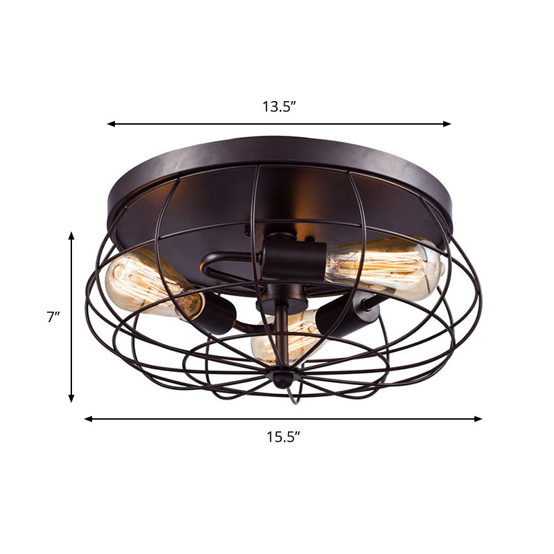 3-Light Caged Flush Mount Ceiling Light Industrial Black Metal Lighting Fixture for Corridor Clearhalo 'Ceiling Lights' 'Close To Ceiling Lights' 'Close to ceiling' 'Flush mount' 'Industrial Flush Mount' Lighting' 190493