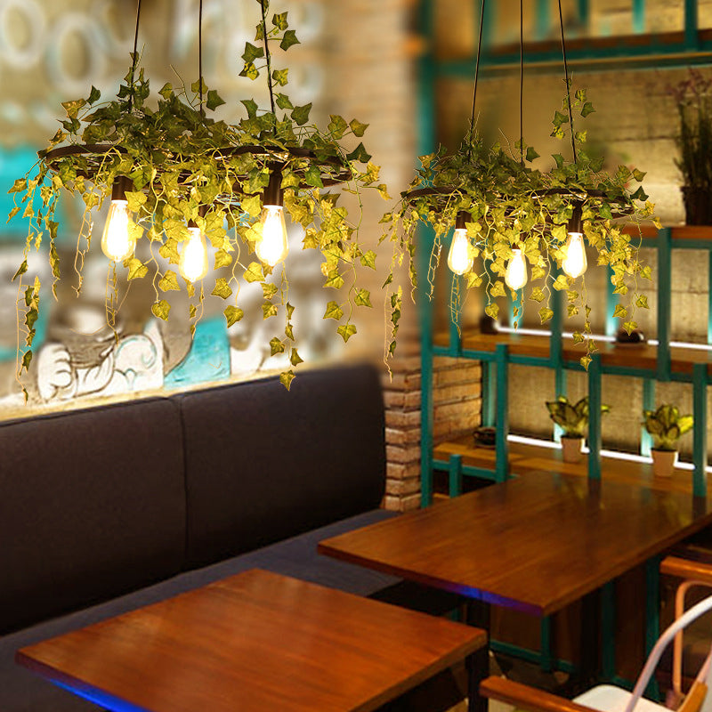 Retro Wagon Wheel Chandelier 1/3/6-Light Iron Hanging Pendant in Black with Decorative Plant 3 Black Clearhalo 'Cast Iron' 'Ceiling Lights' 'Chandeliers' 'Industrial Chandeliers' 'Industrial' 'Metal' 'Middle Century Chandeliers' 'Rustic Chandeliers' 'Tiffany' Lighting' 1906993