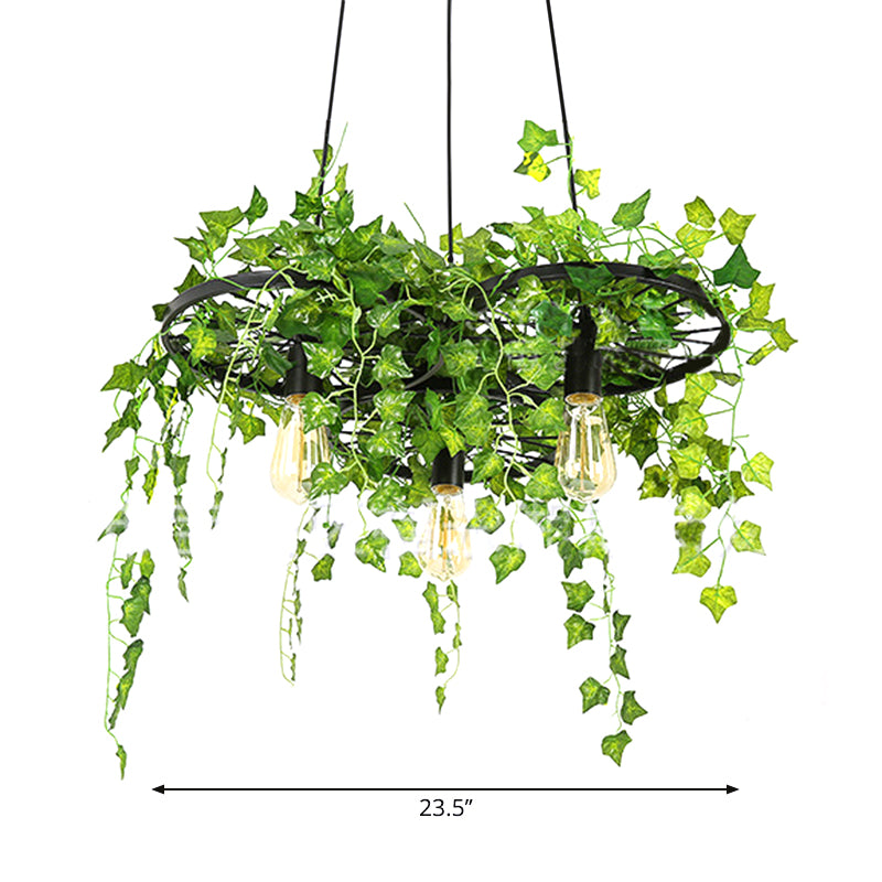 Retro Wagon Wheel Chandelier 1/3/6-Light Iron Hanging Pendant in Black with Decorative Plant Clearhalo 'Cast Iron' 'Ceiling Lights' 'Chandeliers' 'Industrial Chandeliers' 'Industrial' 'Metal' 'Middle Century Chandeliers' 'Rustic Chandeliers' 'Tiffany' Lighting' 1906995